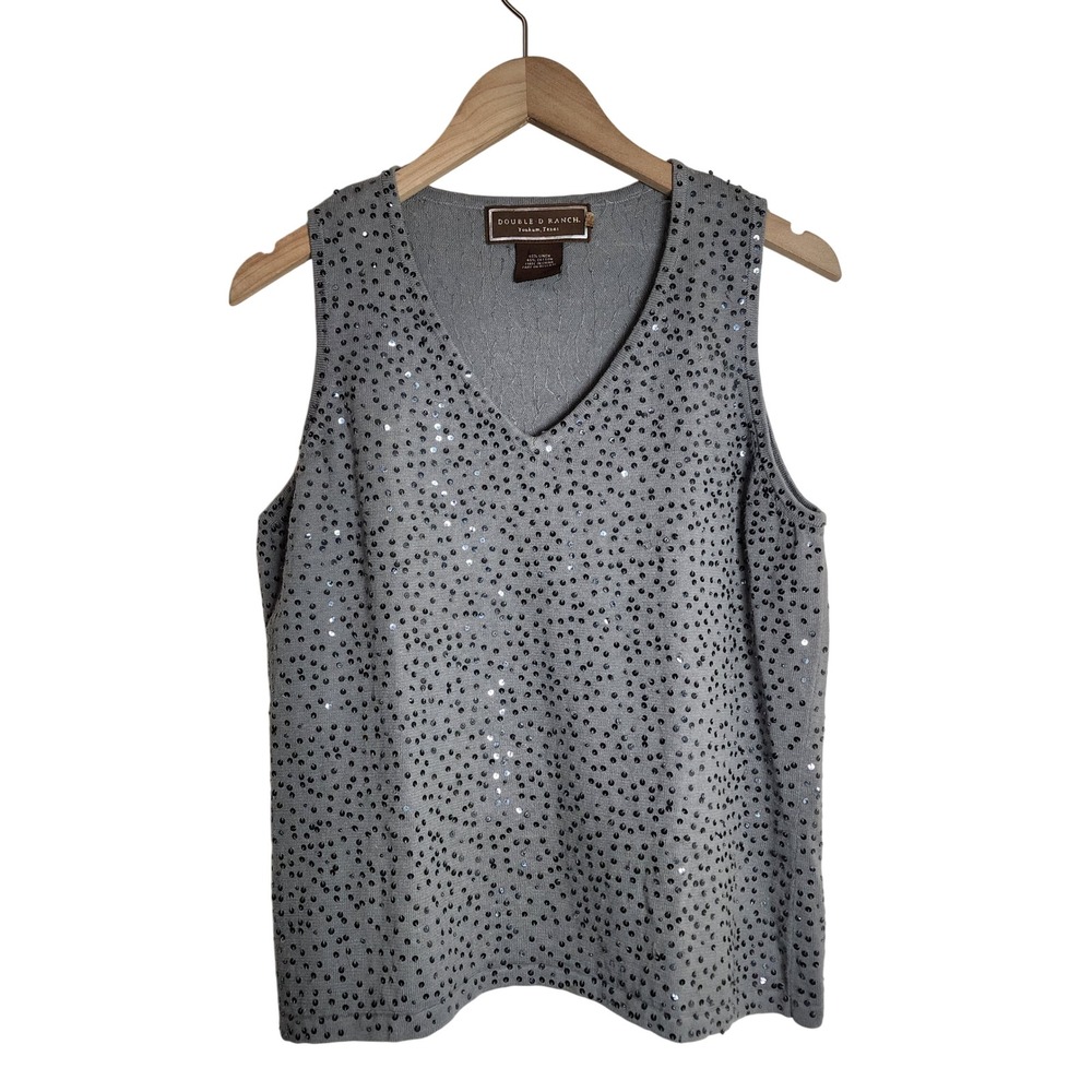 Double D Ranch Sequin Knit Tank Women XL Gray Linen Cotton V-Neck Sleeveless